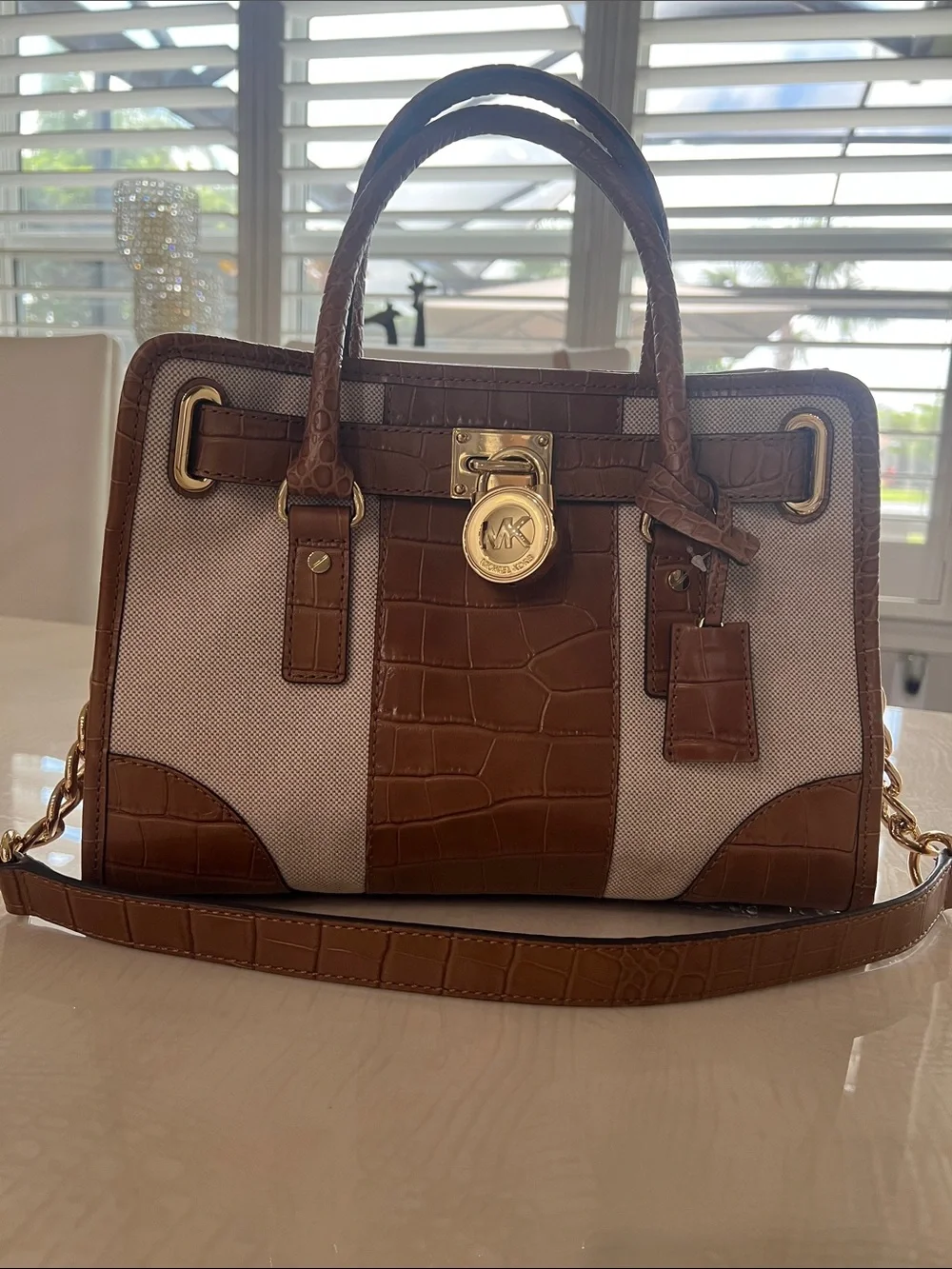 Michael Kors Brown and Cream Croc-Trim Satchel with Gold Hardware